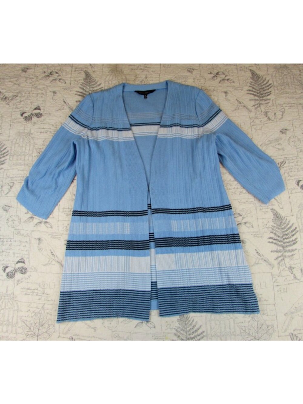 EUC Ming Wang 3/4 Sv stripe Cardigan Jacket White Blue side vents womens Size L